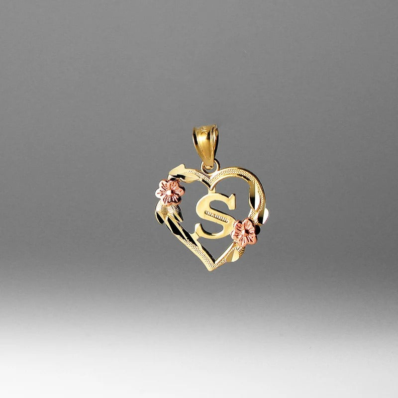 10K gold heart and flower initial pendant - letter S