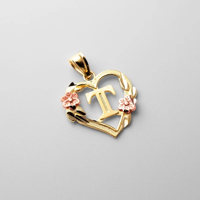 10K gold heart and flower initial pendant - letter T