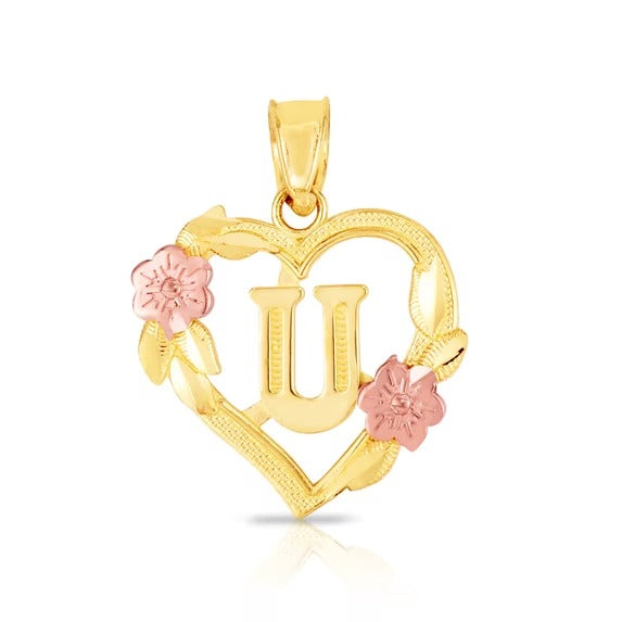 10K gold heart and flower initial pendant - letter U
