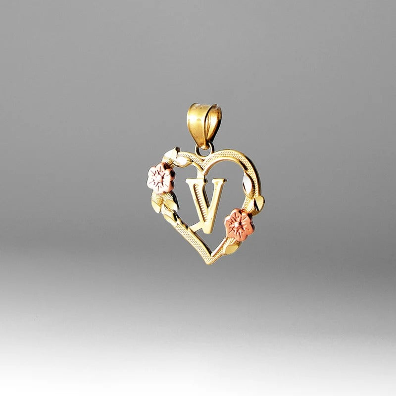 10K gold heart and flower initial pendant - letter V