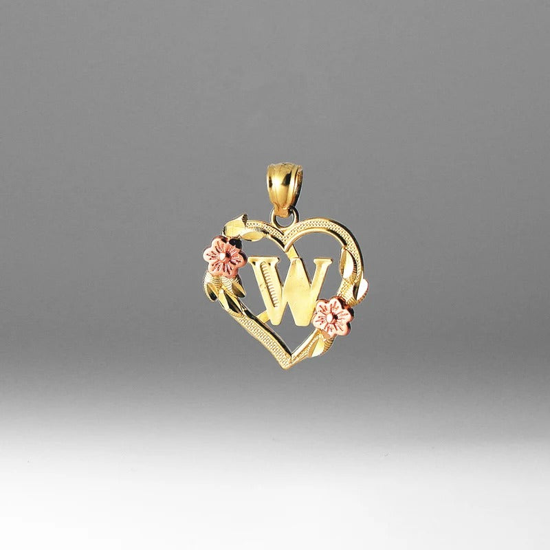 10K gold heart and flower initial pendant - letter W