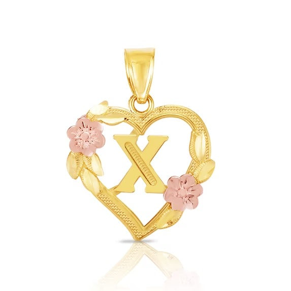 10K gold heart and flower initial pendant - letter X