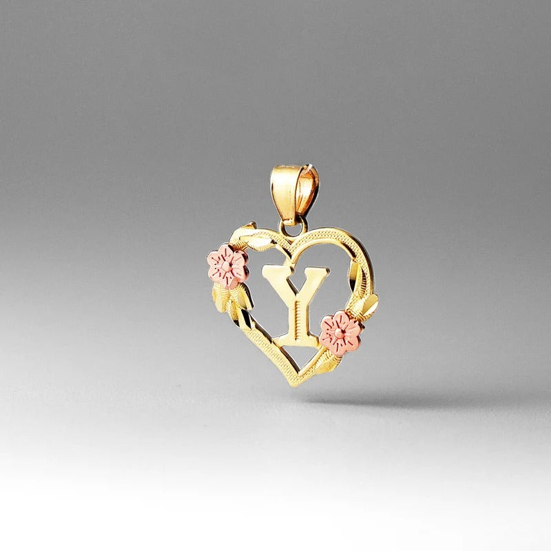 10K gold heart and flower initial pendant - letter Y