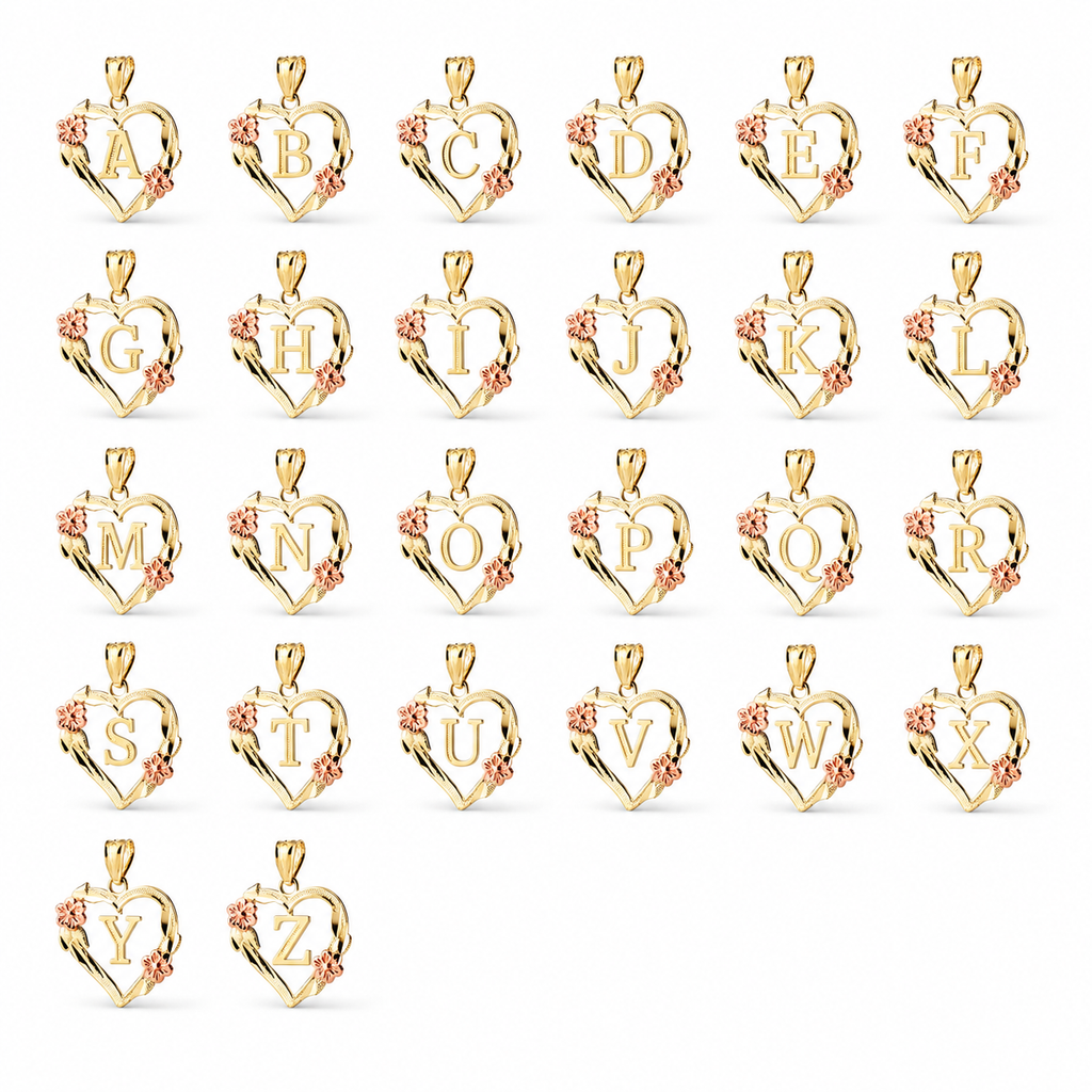 10K gold heart and flower initial pendants available A through Z