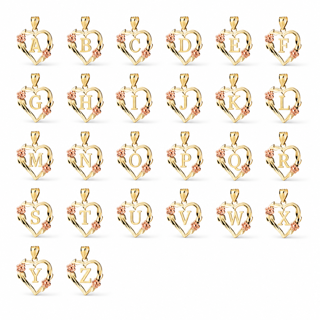 10K gold heart and flower initial pendants available A through Z