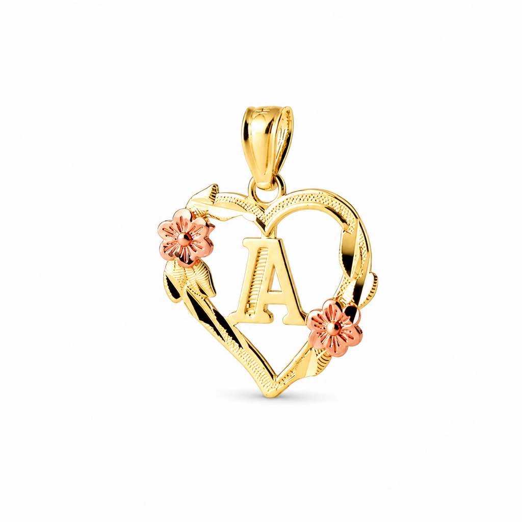 10K gold heart and flower initial pendant A on clean white background