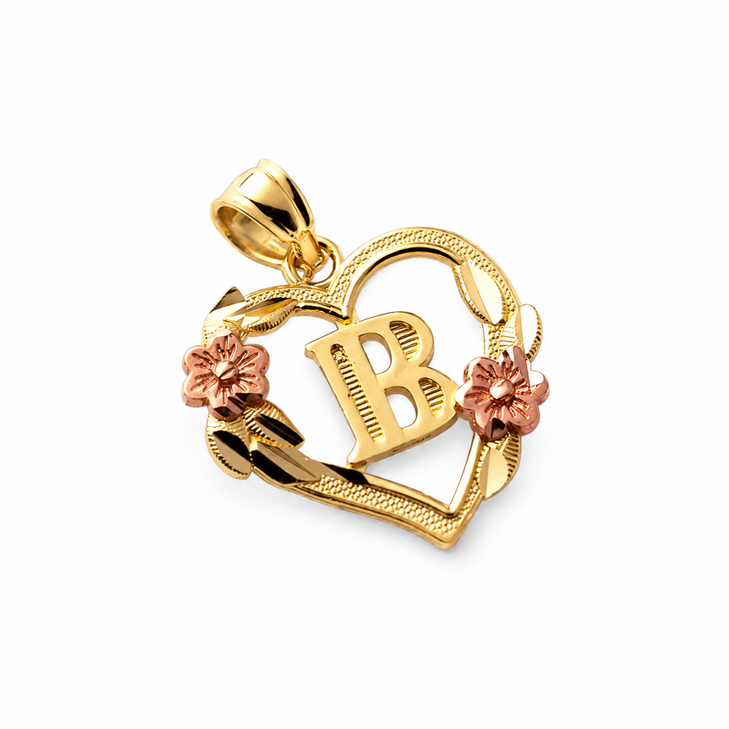 10K gold heart and flower initial pendant C on clean white background