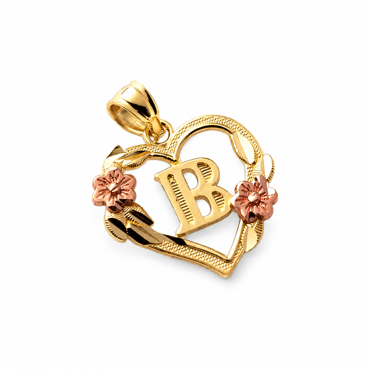 10K gold heart and flower initial pendant C on clean white background