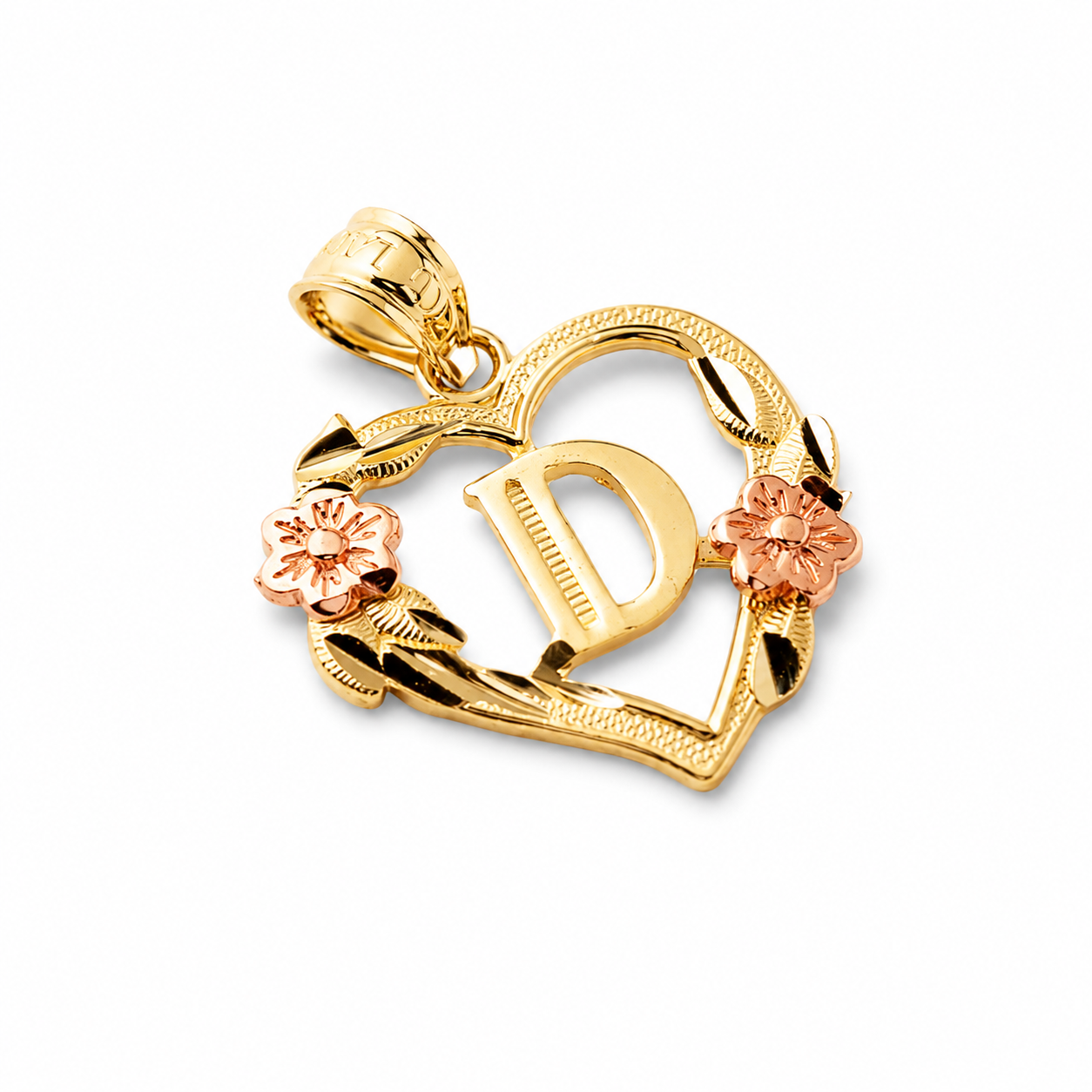 10K gold heart and flower initial pendant E on clean white background