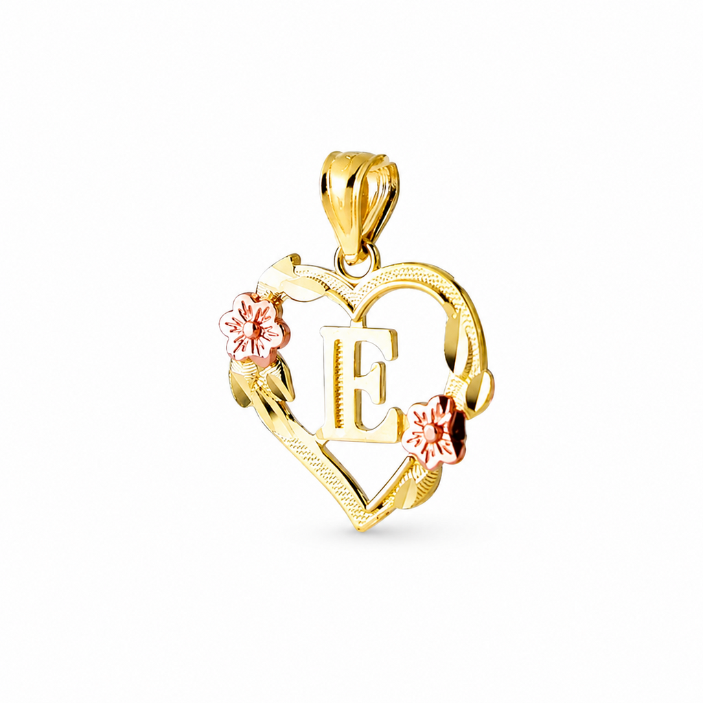 10K gold heart and flower initial pendant F on clean white background