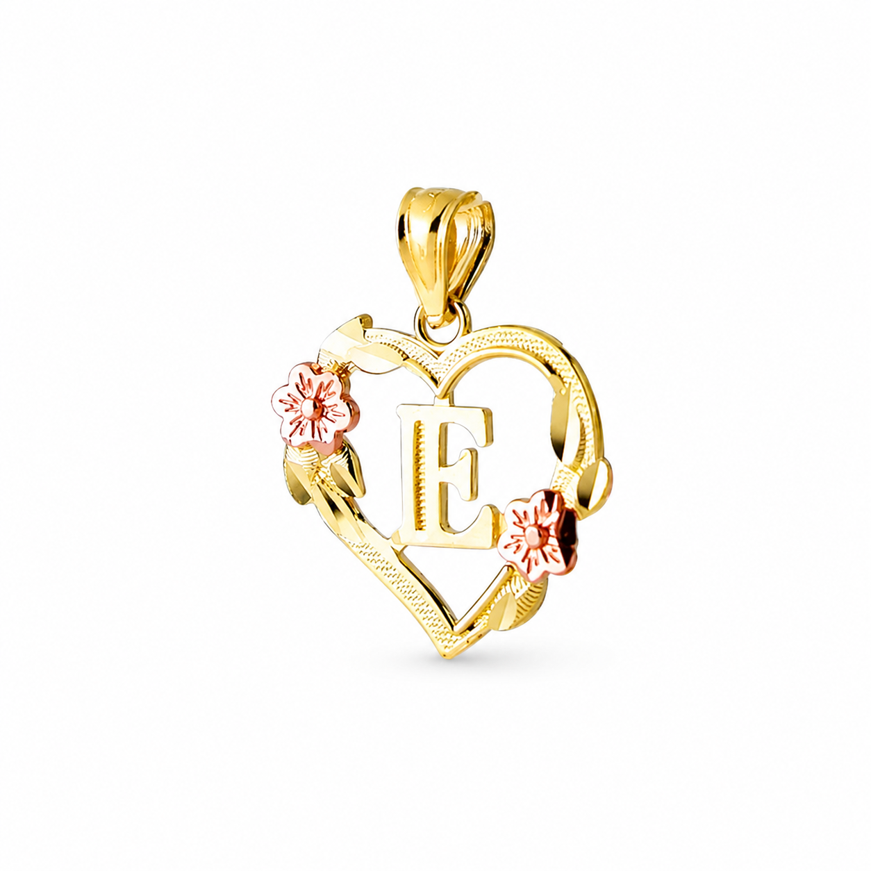 10K gold heart and flower initial pendant F on clean white background