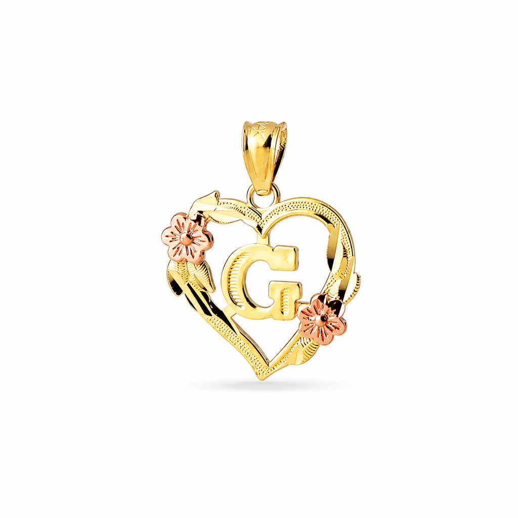 10K gold heart and flower initial pendant G on clean white background