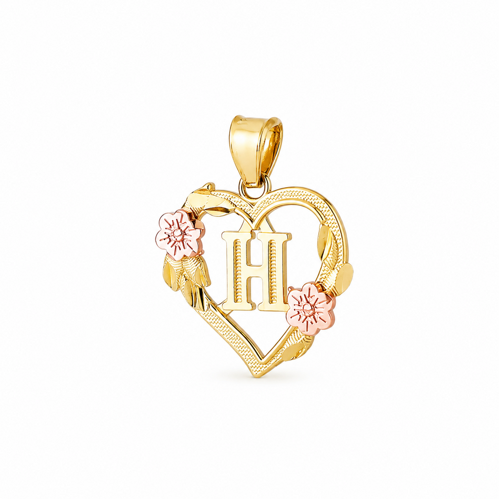 10K gold heart and flower initial pendant J on clean white background