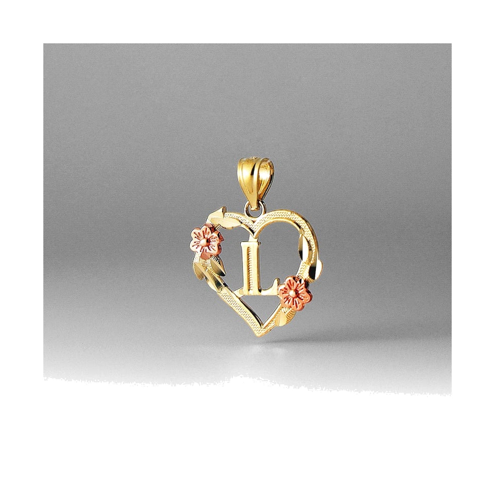 10K gold heart and flower initial pendant L on clean white background