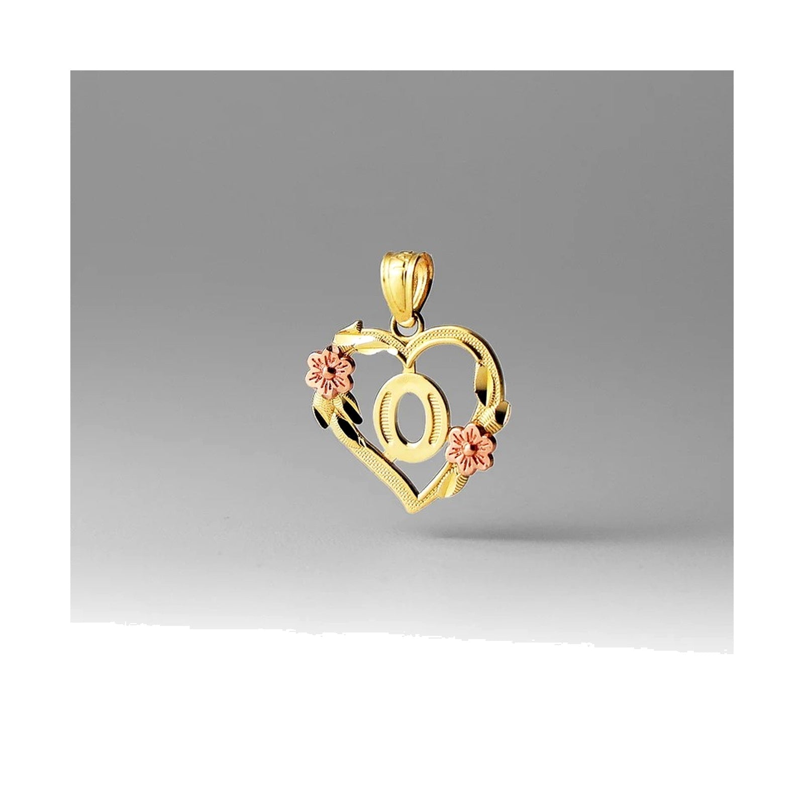 10K gold heart and flower initial pendant O on clean white background