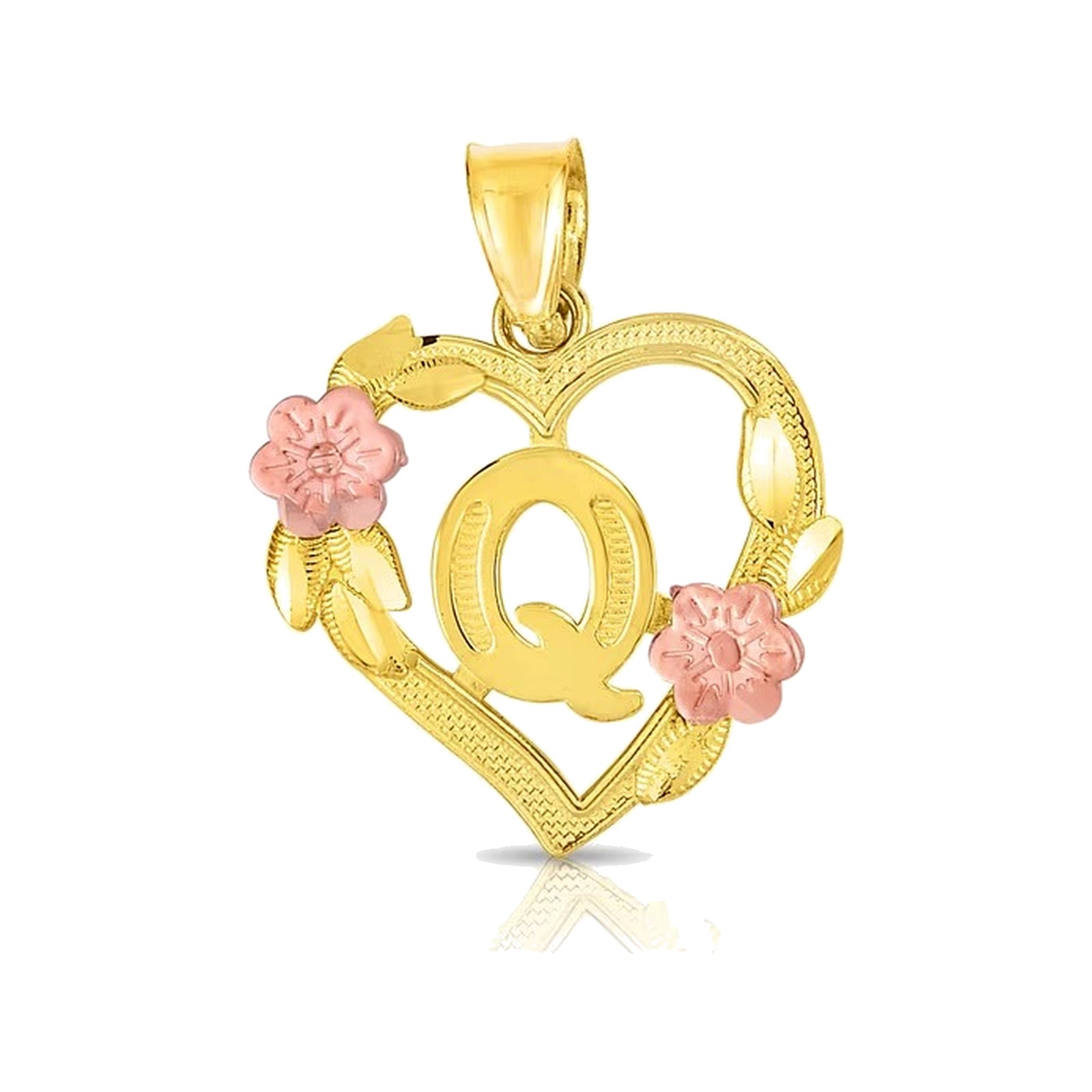 10K gold heart and flower initial pendant Q on clean white background