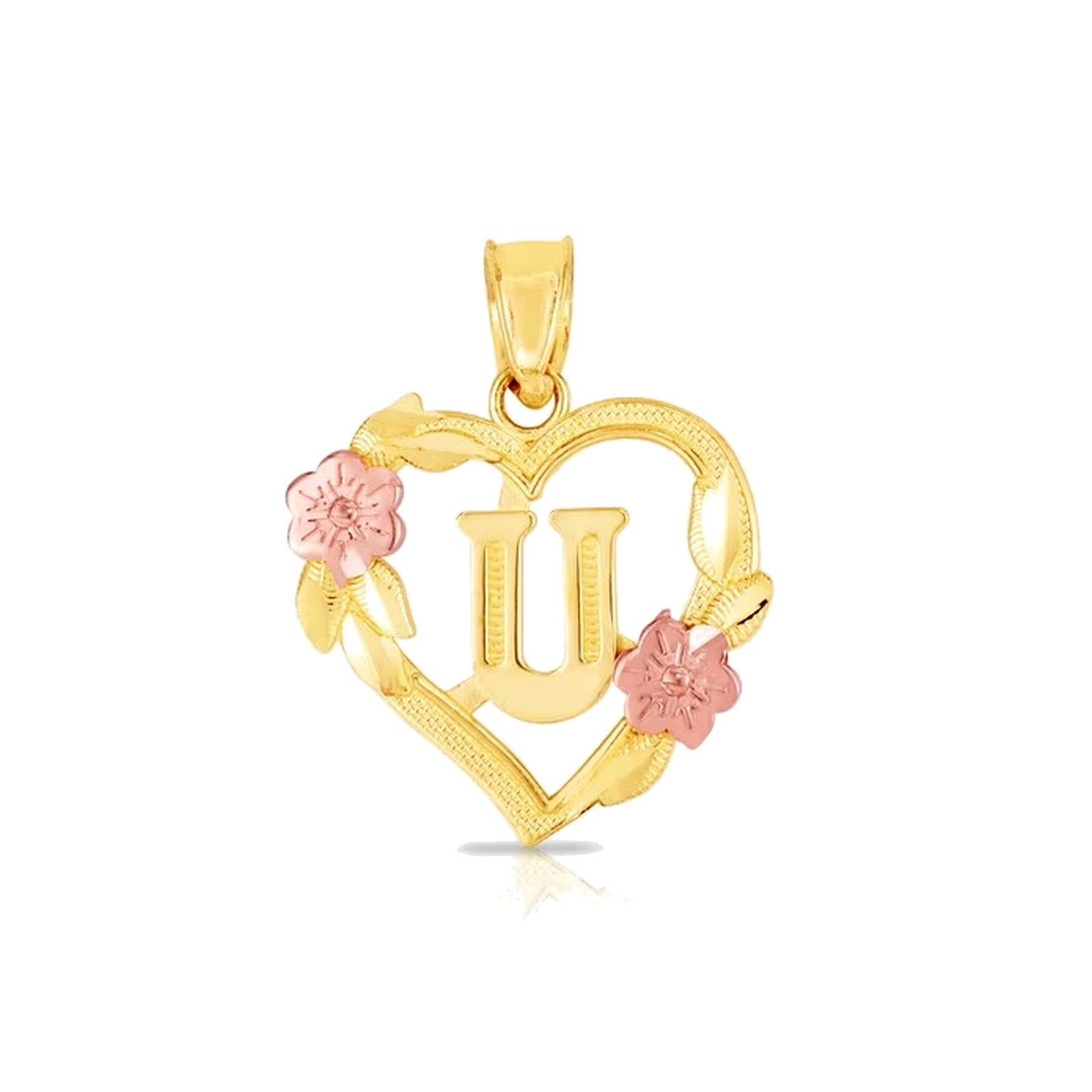 10K gold heart and flower initial pendant U on clean white background