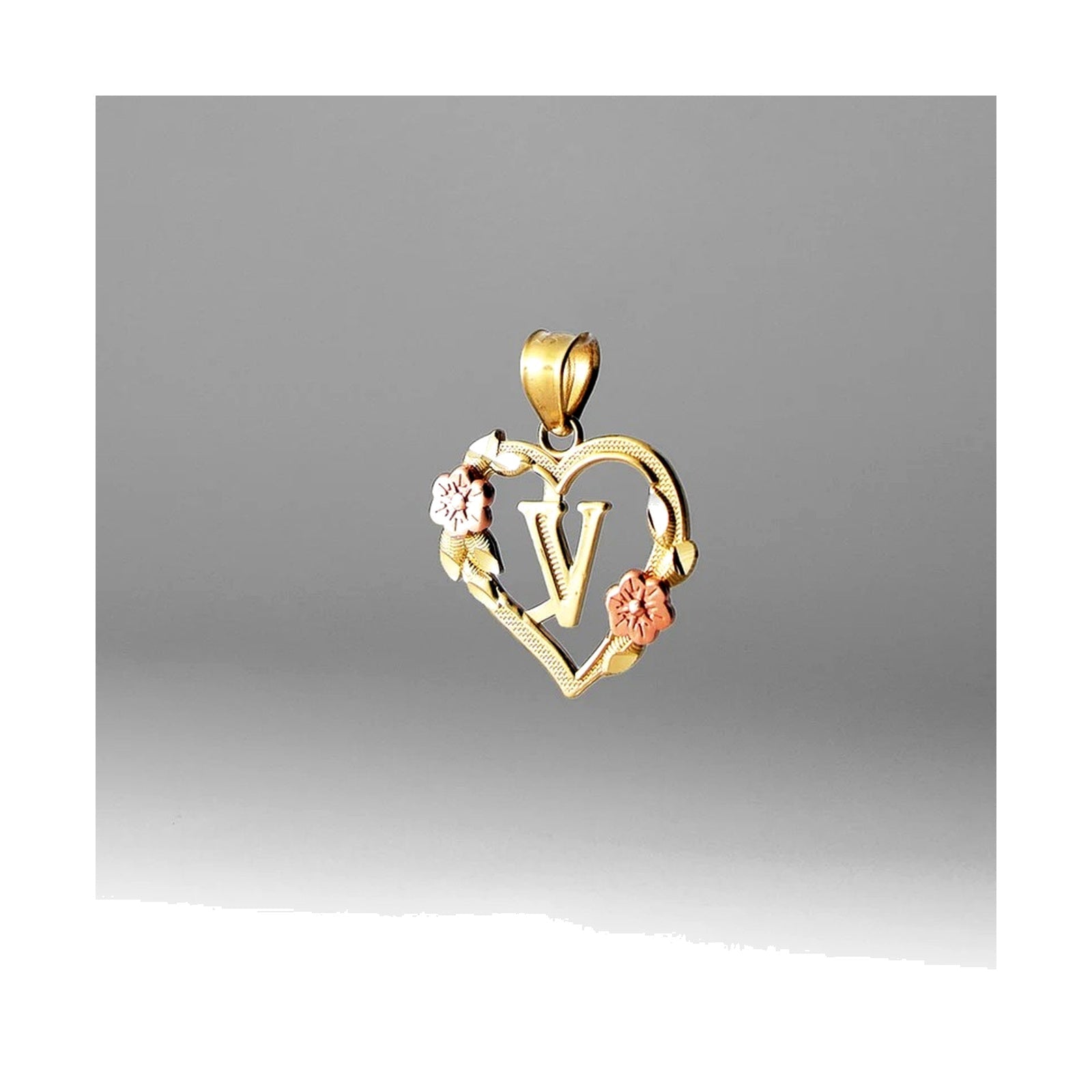 10K gold heart and flower initial pendant V on clean white background