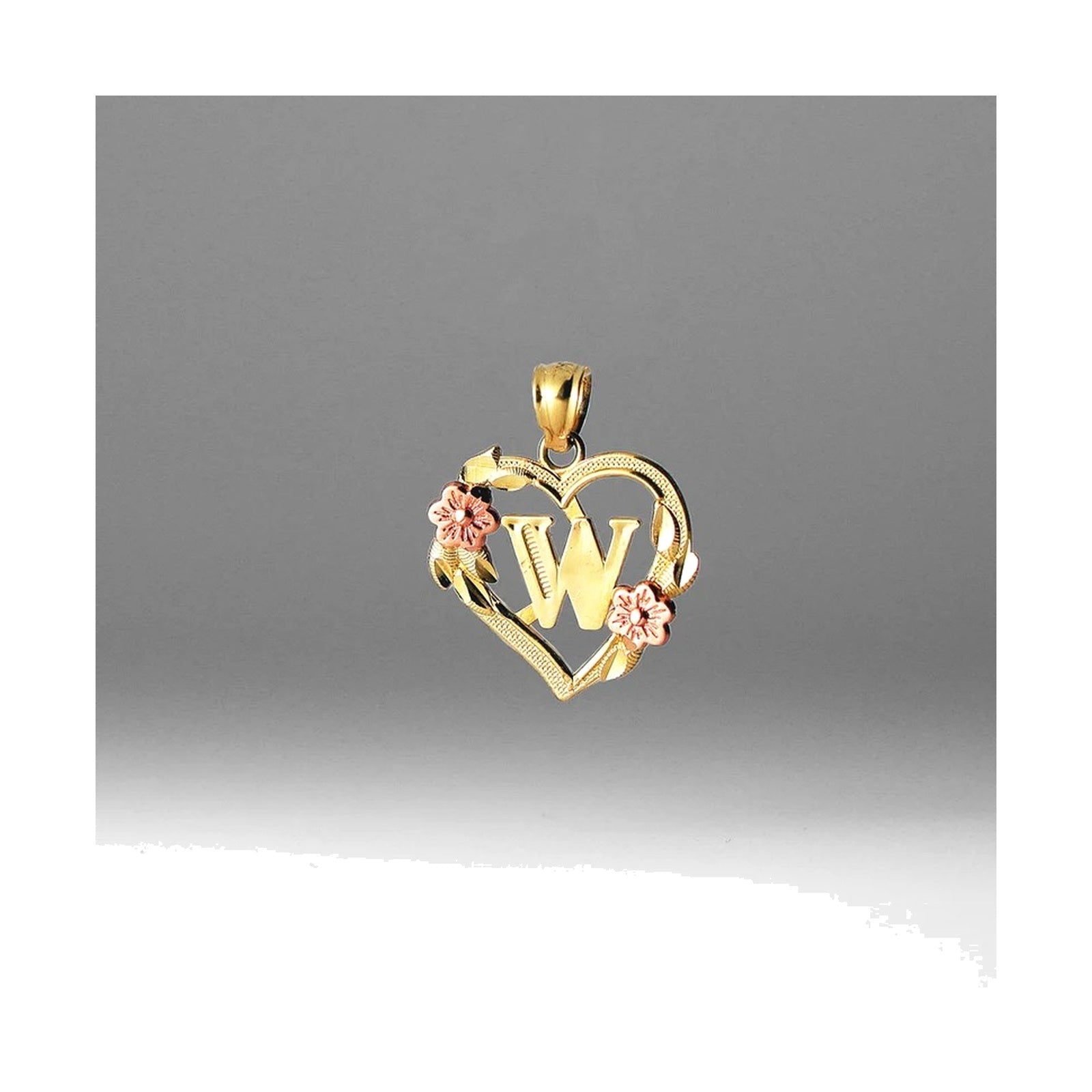 10K gold heart and flower initial pendant W on clean white background