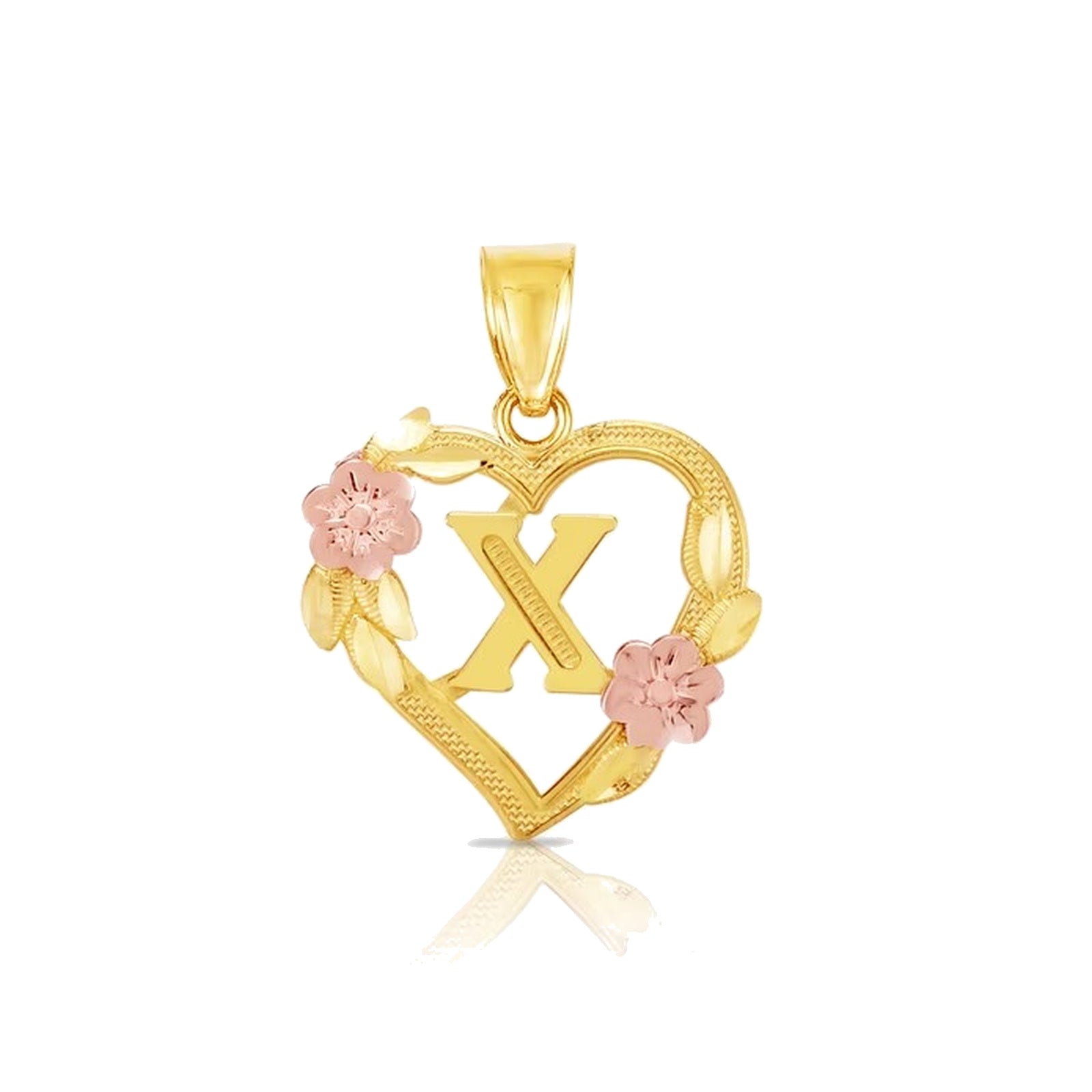 10K gold heart and flower initial pendant X on clean white background