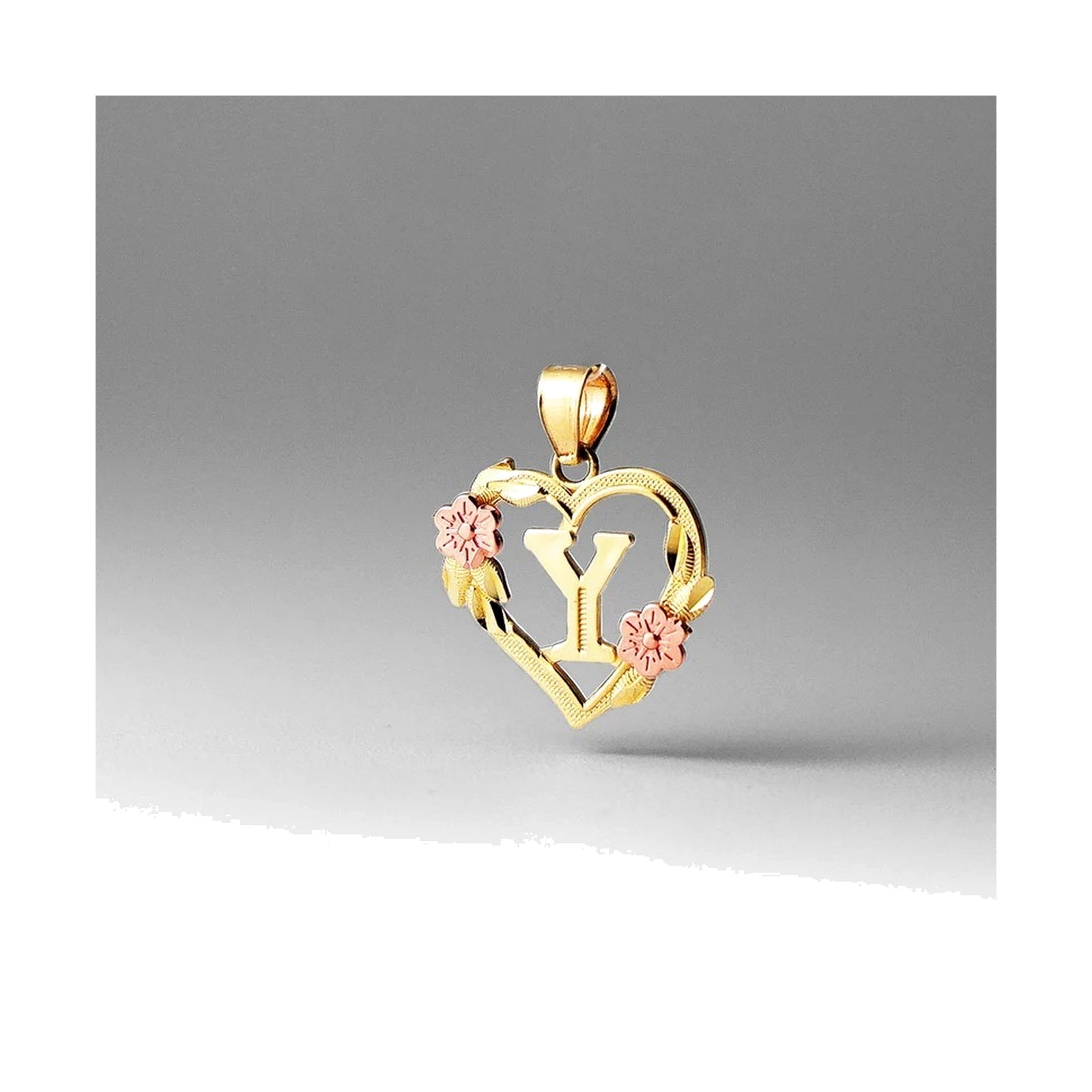 10K gold heart and flower initial pendant Y on clean white background