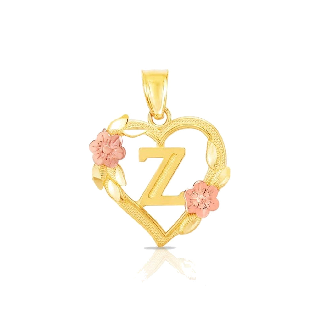 10K gold heart and flower initial pendant Z on clean white background