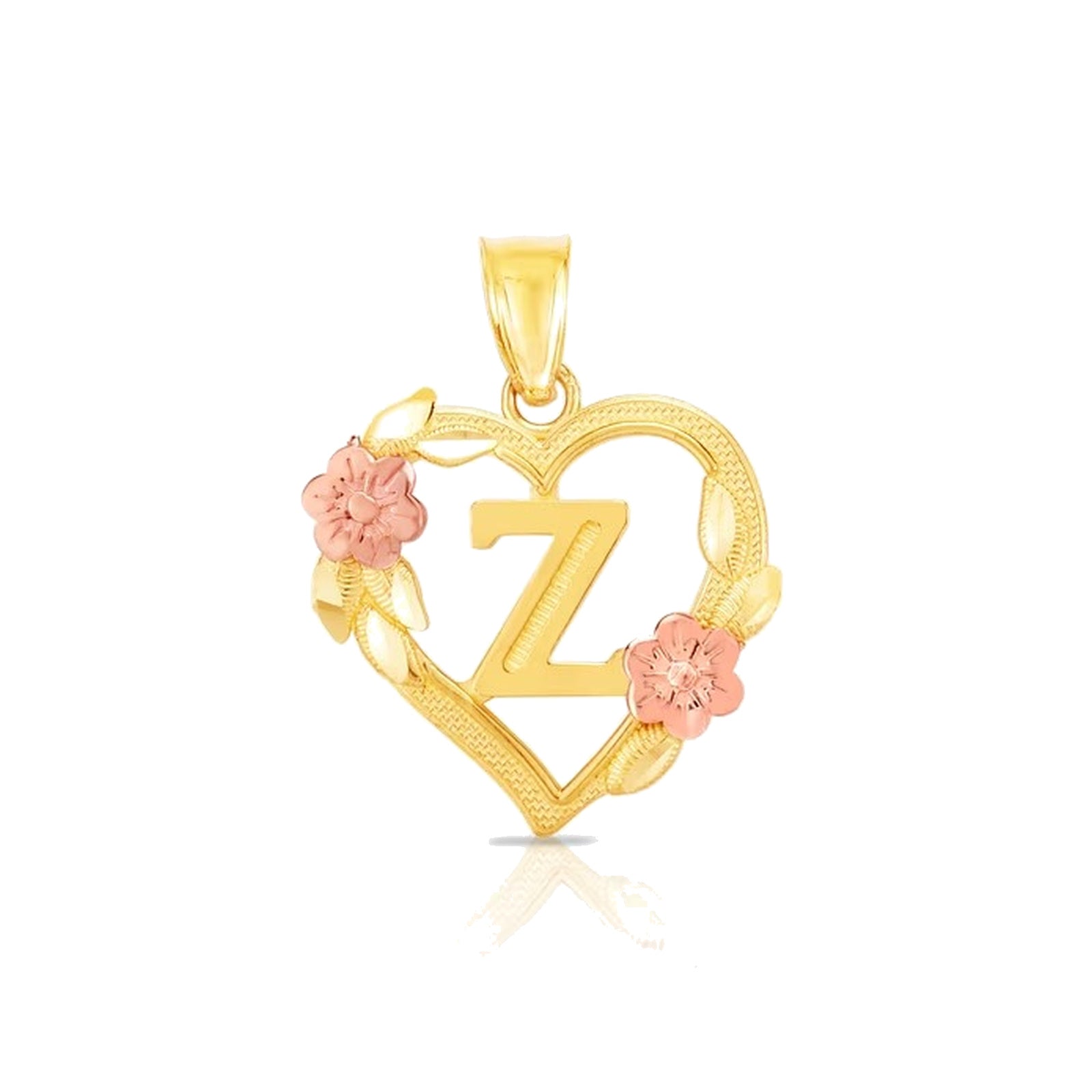 10K gold heart and flower initial pendant Z on clean white background