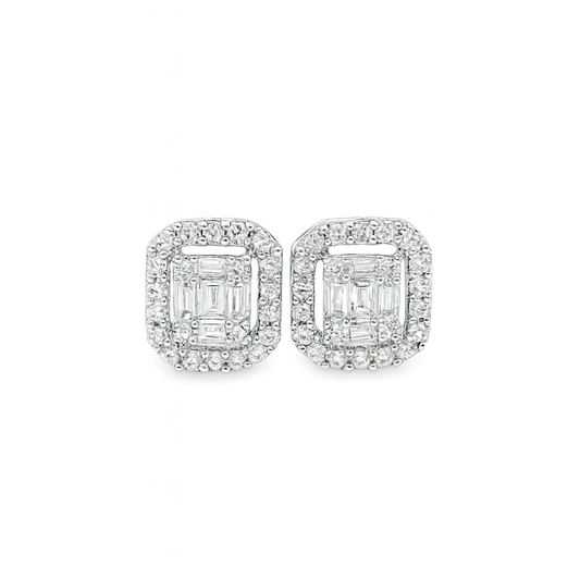 14K White Gold Emerald Cut Diamond Stud Earrings 0.25 ctw – Halo Design with Secure Screw Backs | Jewelry Palace Lithonia, GA