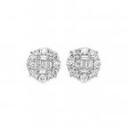 14K White Gold Baguette Center 4-Prong Diamond Round Earrings | Luxury Halo Studs | Jewelry Palace