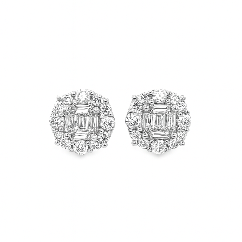 14K White Gold Baguette Center 4-Prong Diamond Round Earrings | Luxury Halo Studs | Jewelry Palace