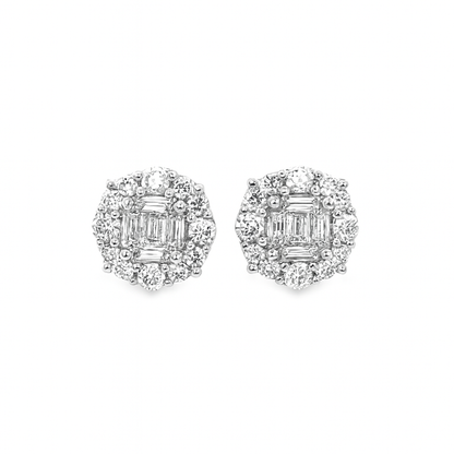 14K White Gold Baguette Center 4-Prong Diamond Round Earrings | Luxury Halo Studs | Jewelry Palace