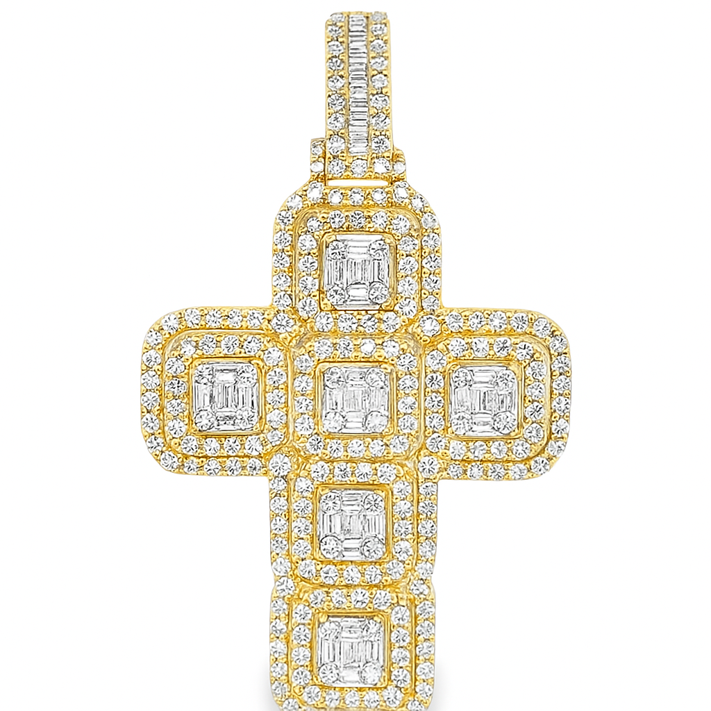 10K Yellow Gold Diamond Cross Pendant with Square Cut Diamonds 4.0 ctw