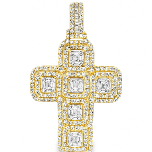 10K Yellow Gold Diamond Cross Pendant with Square Cut Diamonds 4.0 ctw