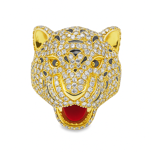 10K Yellow Gold Diamond Tiger Head Ring 5.01 CTW | Iced-Out Animal Statement Ring | Jewelry Palace
