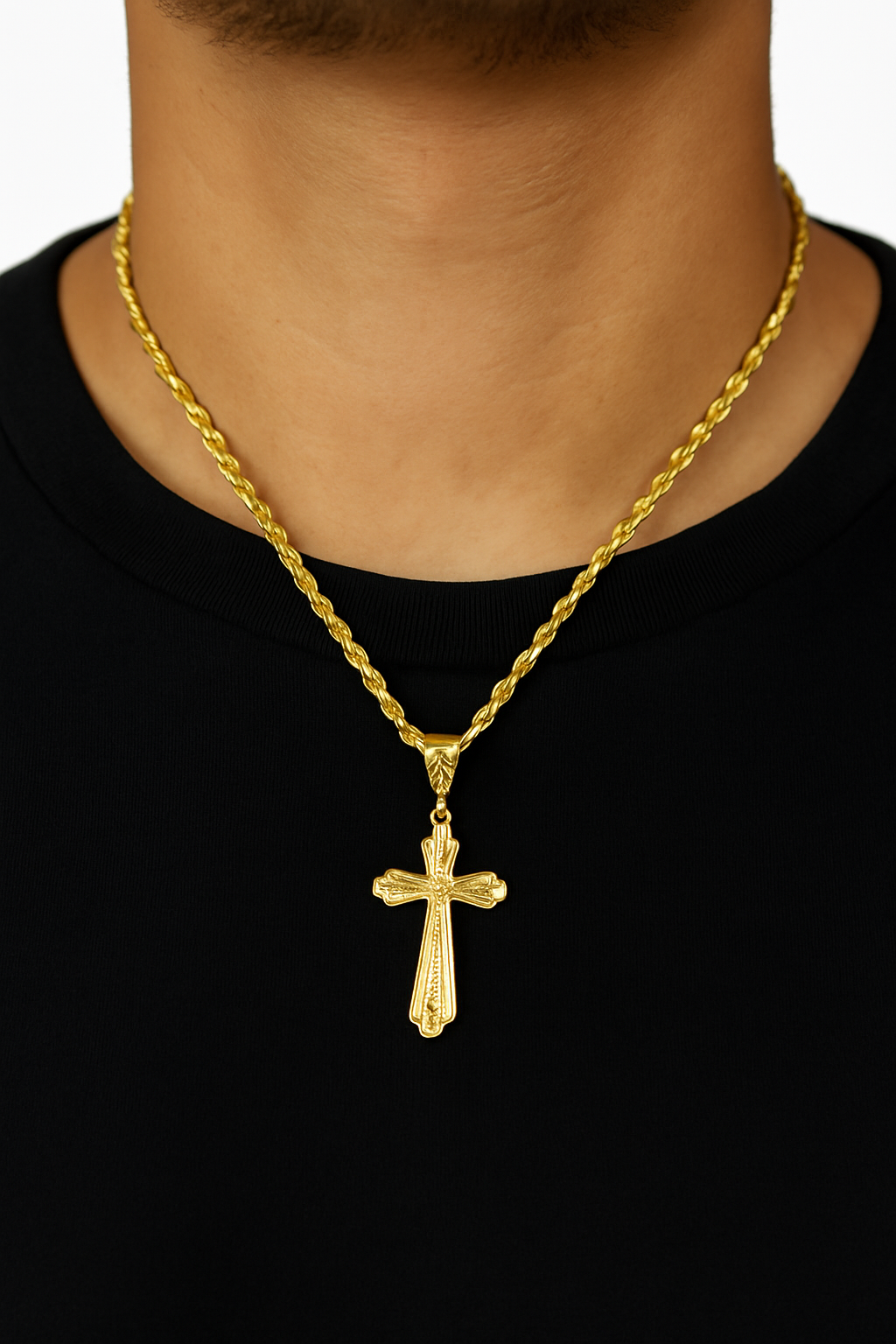 10K Yellow Gold Cross Necklace | Textured Cross Pendant with Rope Chain | Jewelry Palace