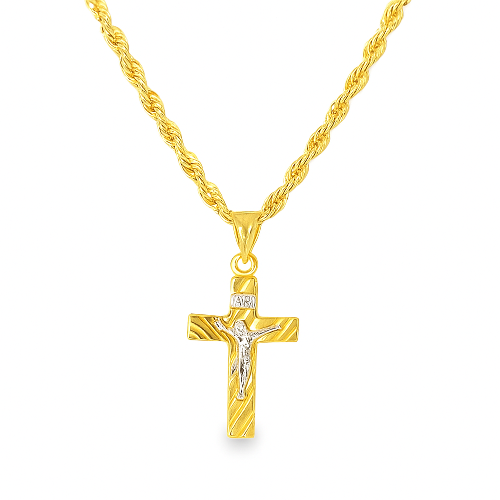 10K two-tone gold crucifix necklace with rope chain front view