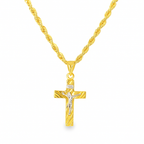 10K two-tone gold crucifix necklace with rope chain front view