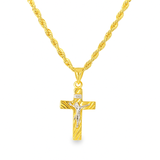 10K Yellow Gold Crucifix Cross Necklace | Two-Tone Religious Pendant with Rope Chain | Jewelry Palace