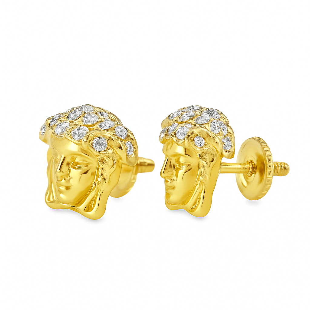 10K Yellow Gold Diamond Medusa Stud Earrings | 1/10 CTW Round-Cut Diamonds