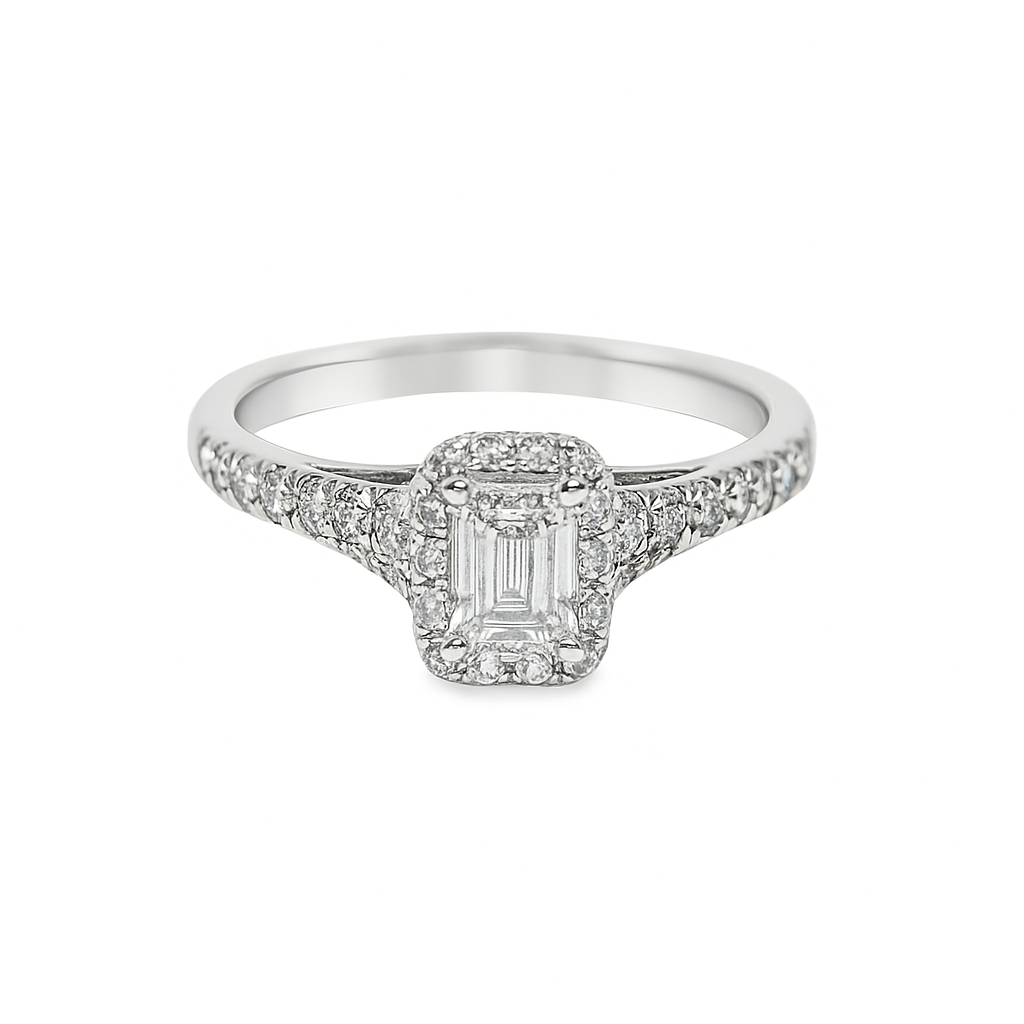 14K White Gold Diamond Engagement Ring with Emerald Cut Center Stone 0.75 ctw Overall
