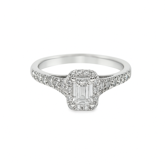 14K White Gold Diamond Engagement Ring with Emerald Cut Center Stone 0.75 ctw Overall