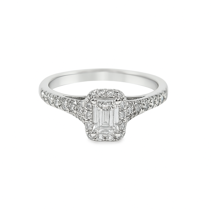14K White Gold Diamond Engagement Ring with Emerald Cut Center Stone 0.75 ctw Overall
