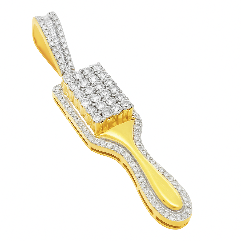 10K Yellow Gold Diamond Brush Pendant 2.0 ctw | Round Cut Iced-Out Charm