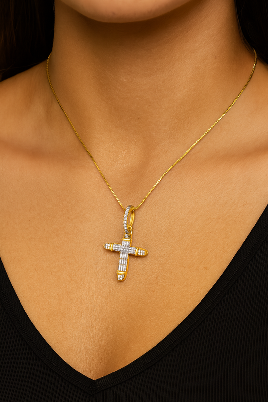 10K Yellow Gold Diamond Cross Pendant Necklace Baguette & Round Diamonds 0.35 CTW