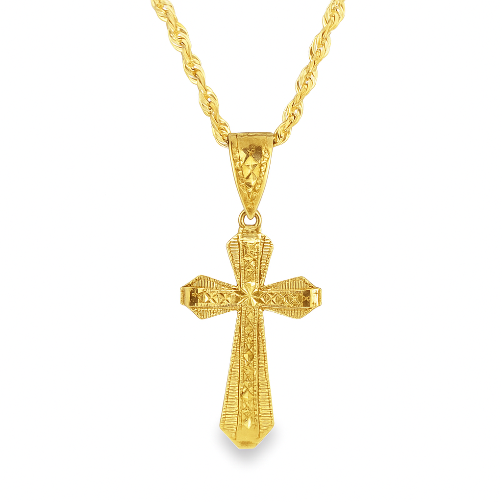 10K Yellow Gold Cross Necklace | Textured Cross Pendant with Rope Chain | Jewelry Palace