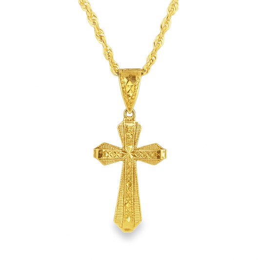 10K Yellow Gold Cross Necklace | Textured Cross Pendant with Rope Chain | Jewelry Palace