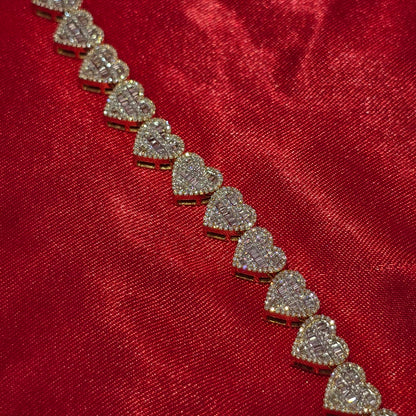 10k Yellow Gold Diamond Heart Shape Round and Baguette Bracelet 2.68 ctw