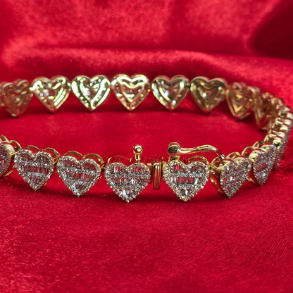 10k Yellow Gold Diamond Heart Shape Round and Baguette Bracelet 2.68 ctw