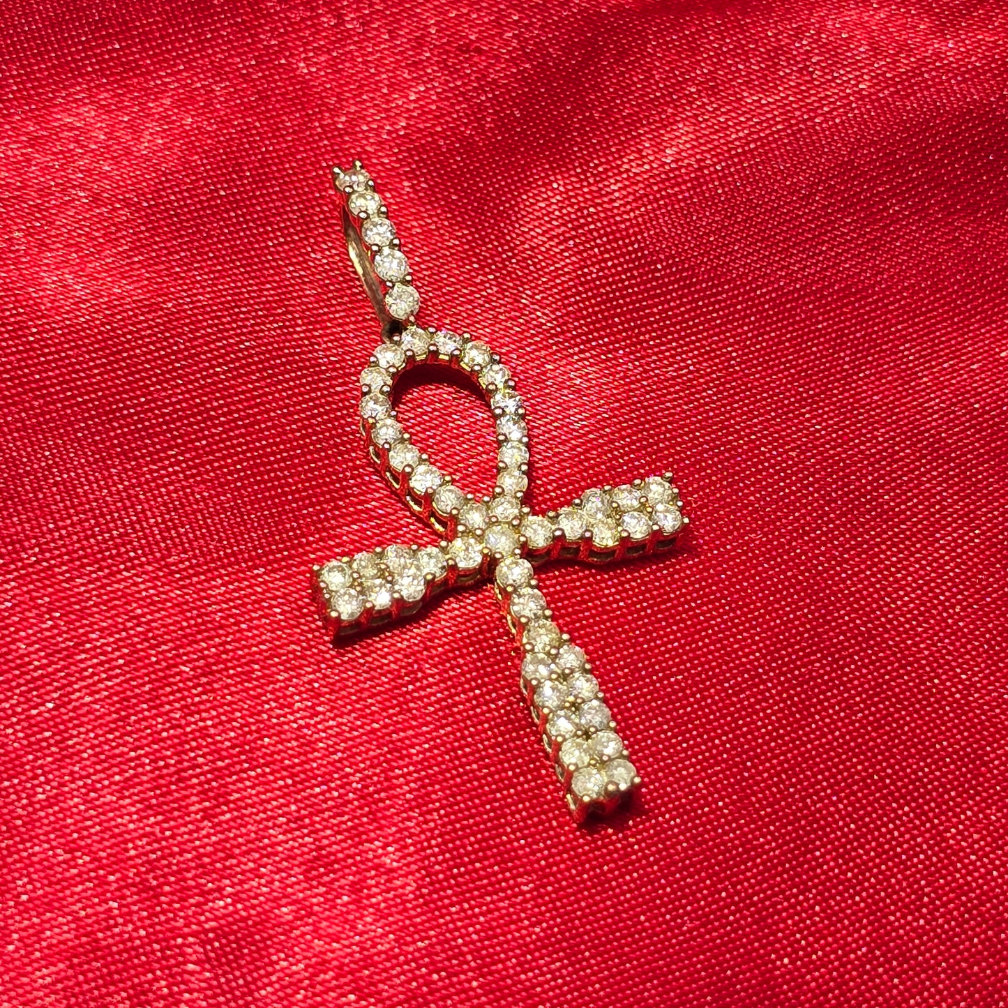 10k Yellow Gold Diamond One Row Prong Ankh Cross Pendant 1.25 ctw