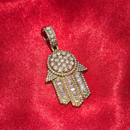 Iced Out Baguette Hamsa Pendant 1.80 ctw Diamond 10K Yellow Gold